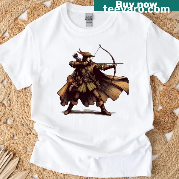 Cartoon graphic of Robin Hood on a stylish T-shirt