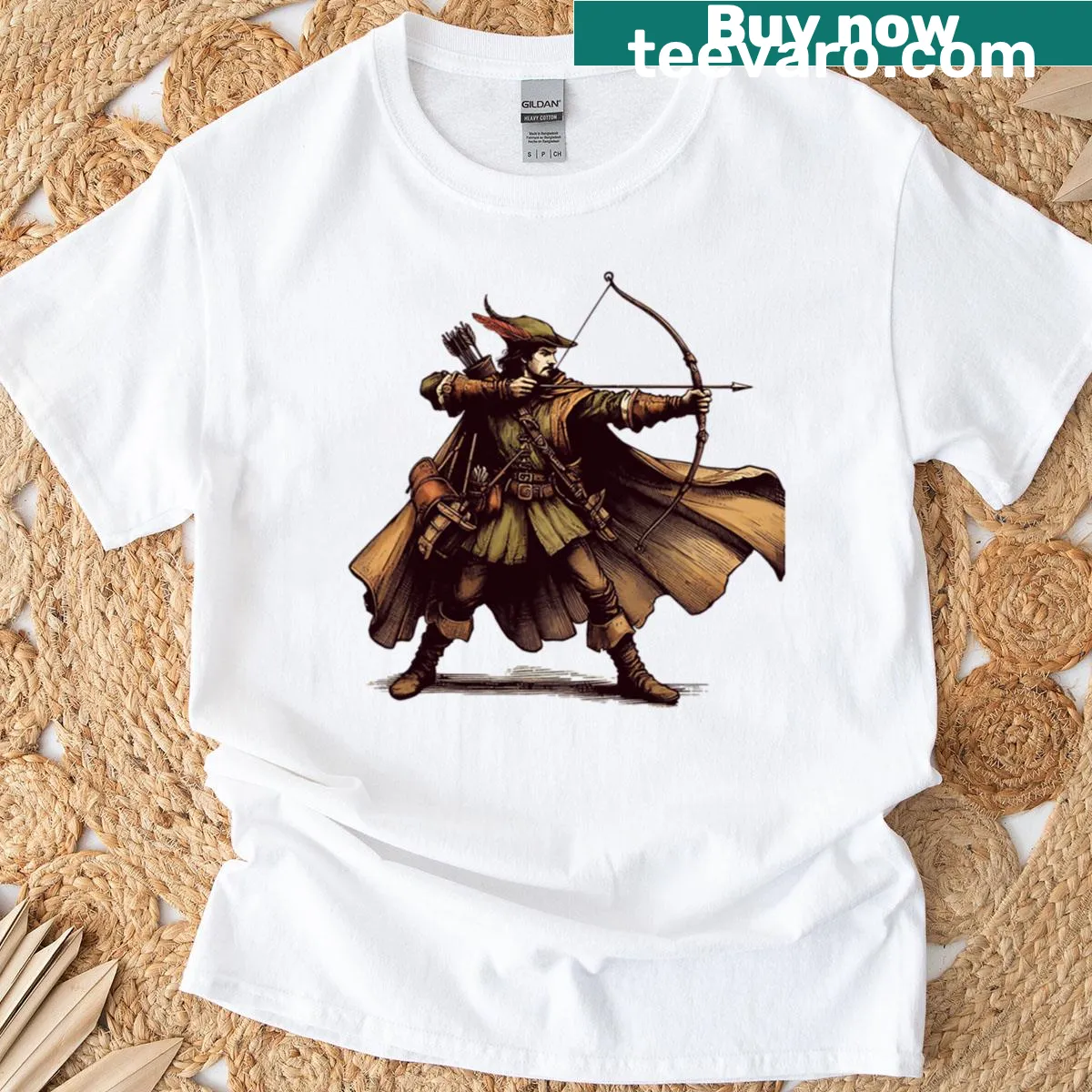 Cartoon graphic of Robin Hood on a stylish T-shirt — on a men's t-shirt
