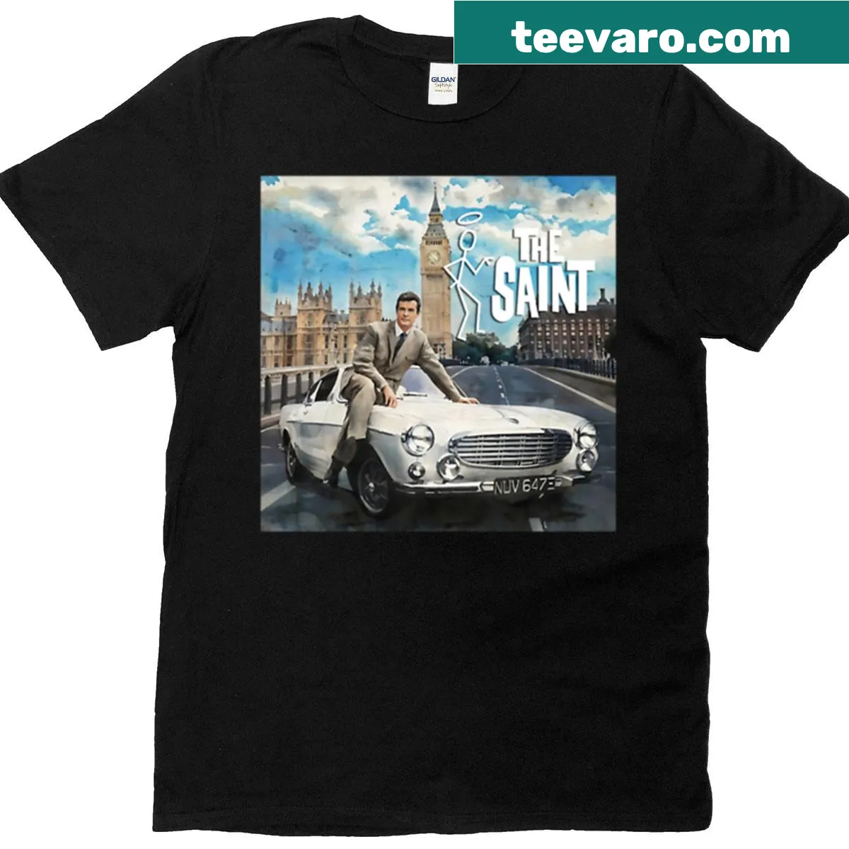 Watercolor T-shirt featuring Roger Moore as The Saint — on a men's t-shirt