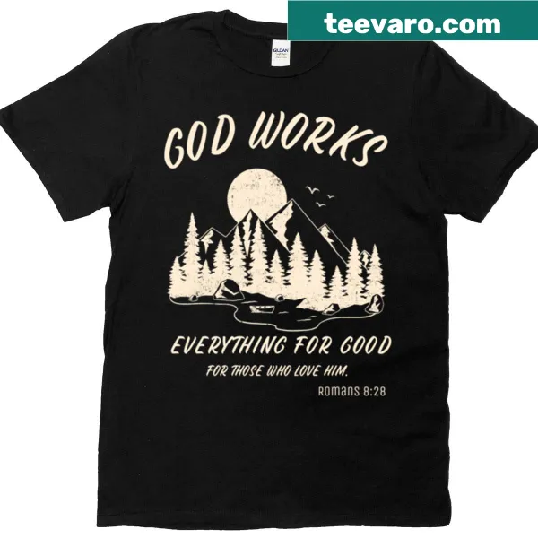 T-shirt featuring the Bible verse Romans 8:28 in elegant typography