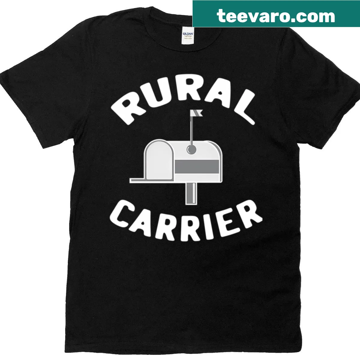 T-shirt featuring a rural postal worker illustration — on a men's t-shirt