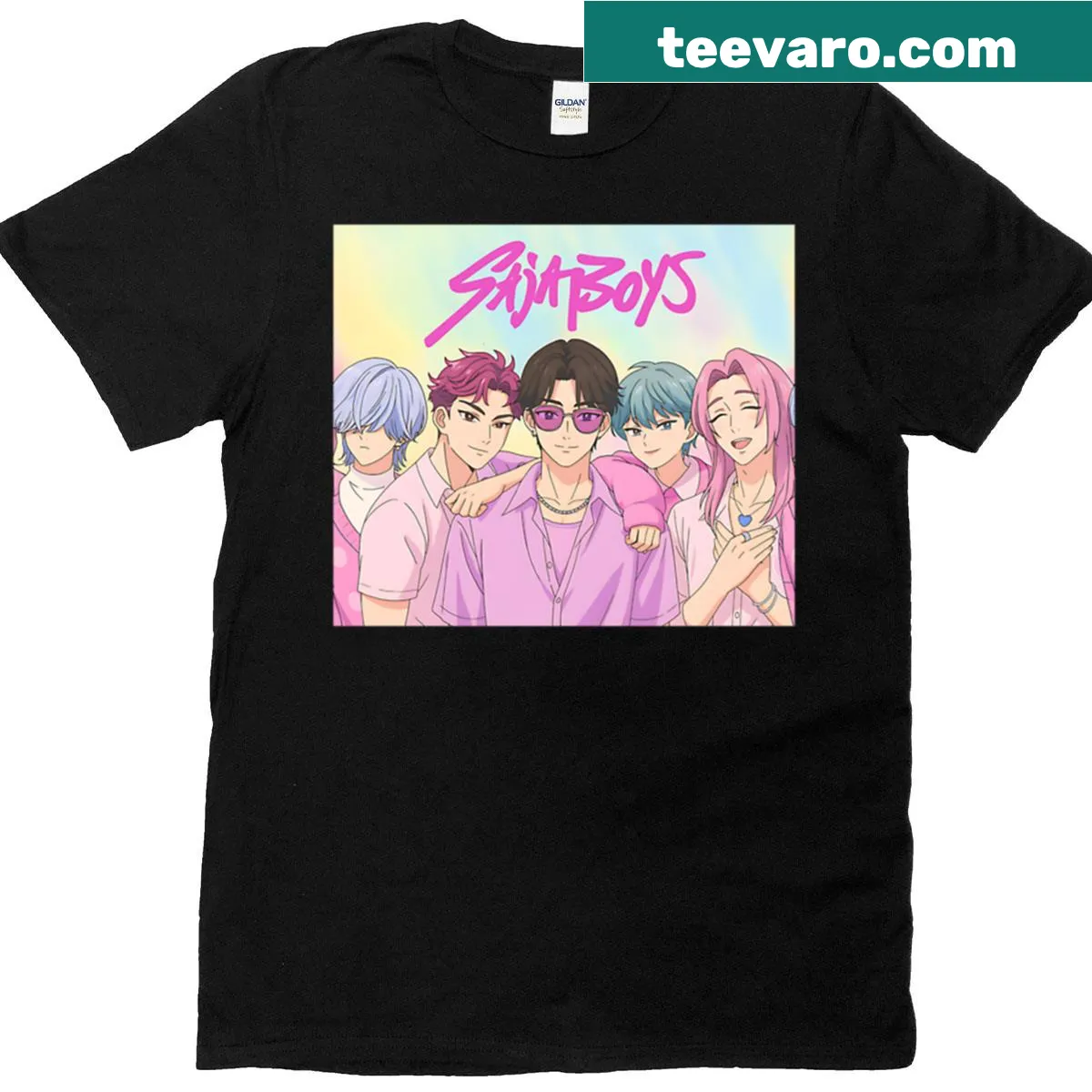 Anime-style T-shirt featuring Jinu and Abby from Kpop Demon Hunters — on a men's t-shirt