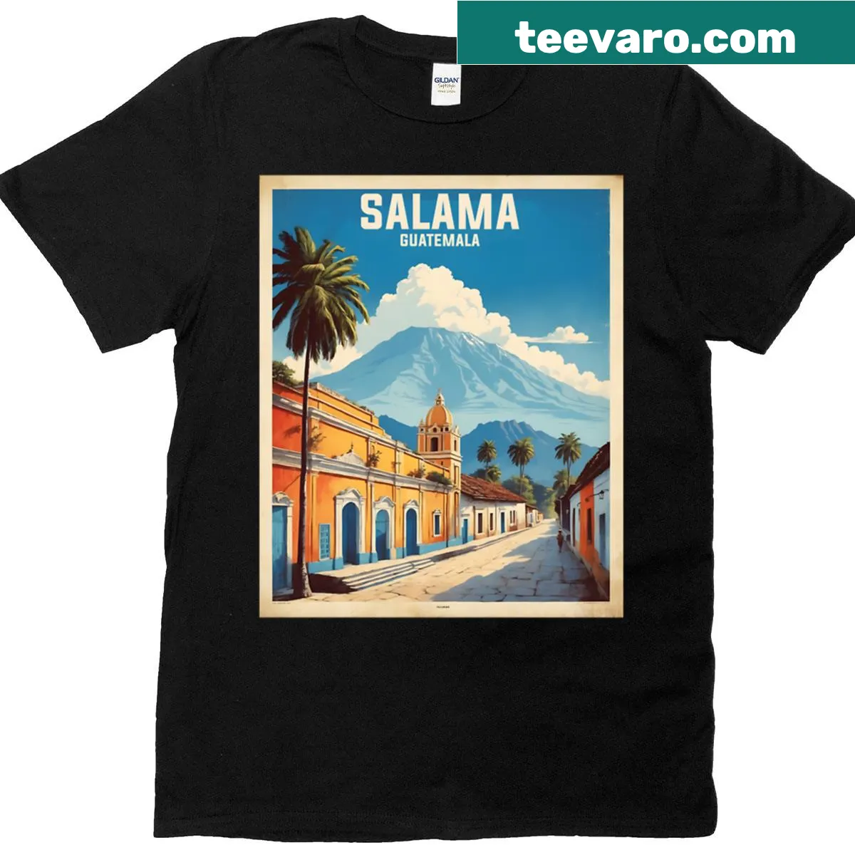 Vintage poster-style T-shirt featuring Guatemala tourism imagery — on a men's t-shirt