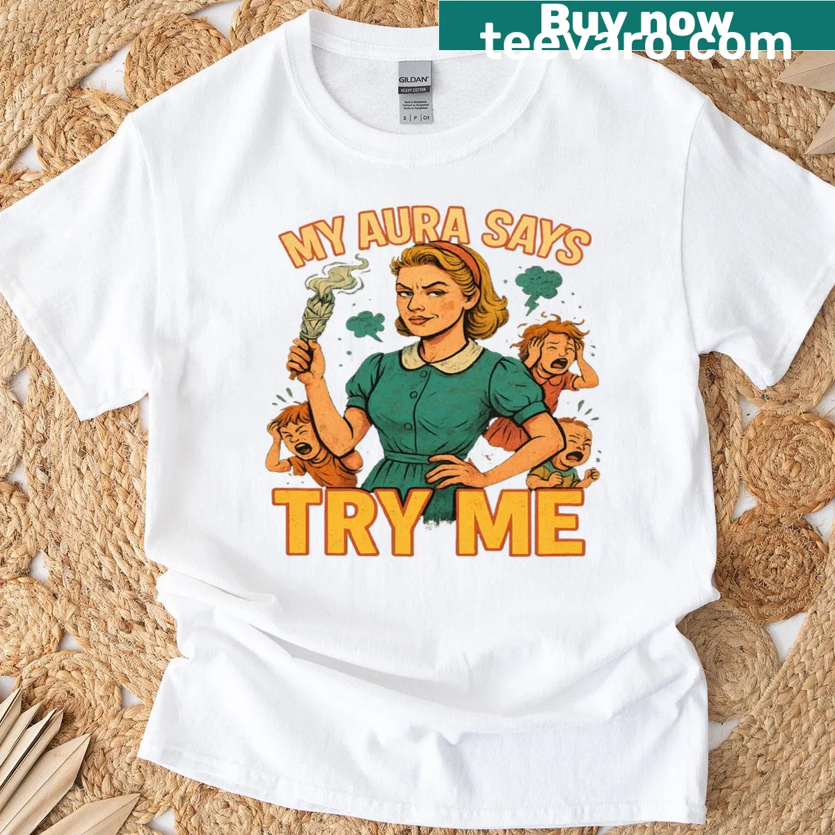 Vintage mom t-shirt with humorous quote 'My Aura Says Try Me' — on a men's t-shirt