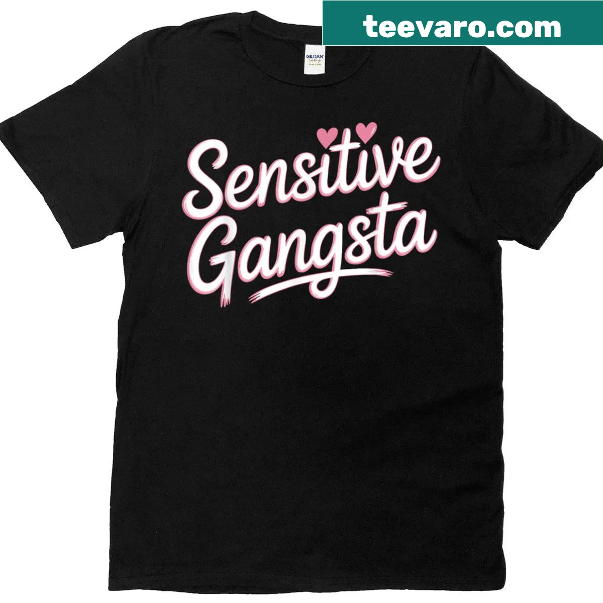 Humorous t-shirt with 'Sensitive Gangsta' phrase and heart design — on a men's t-shirt