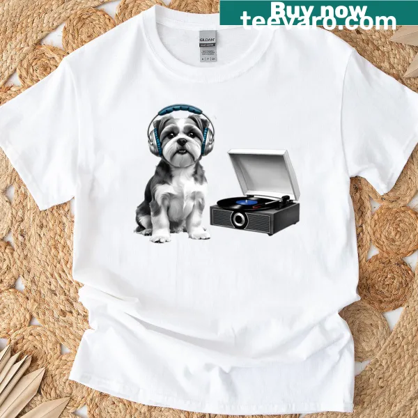 Shih-tzu on a turntable graphic t-shirt for dog lovers