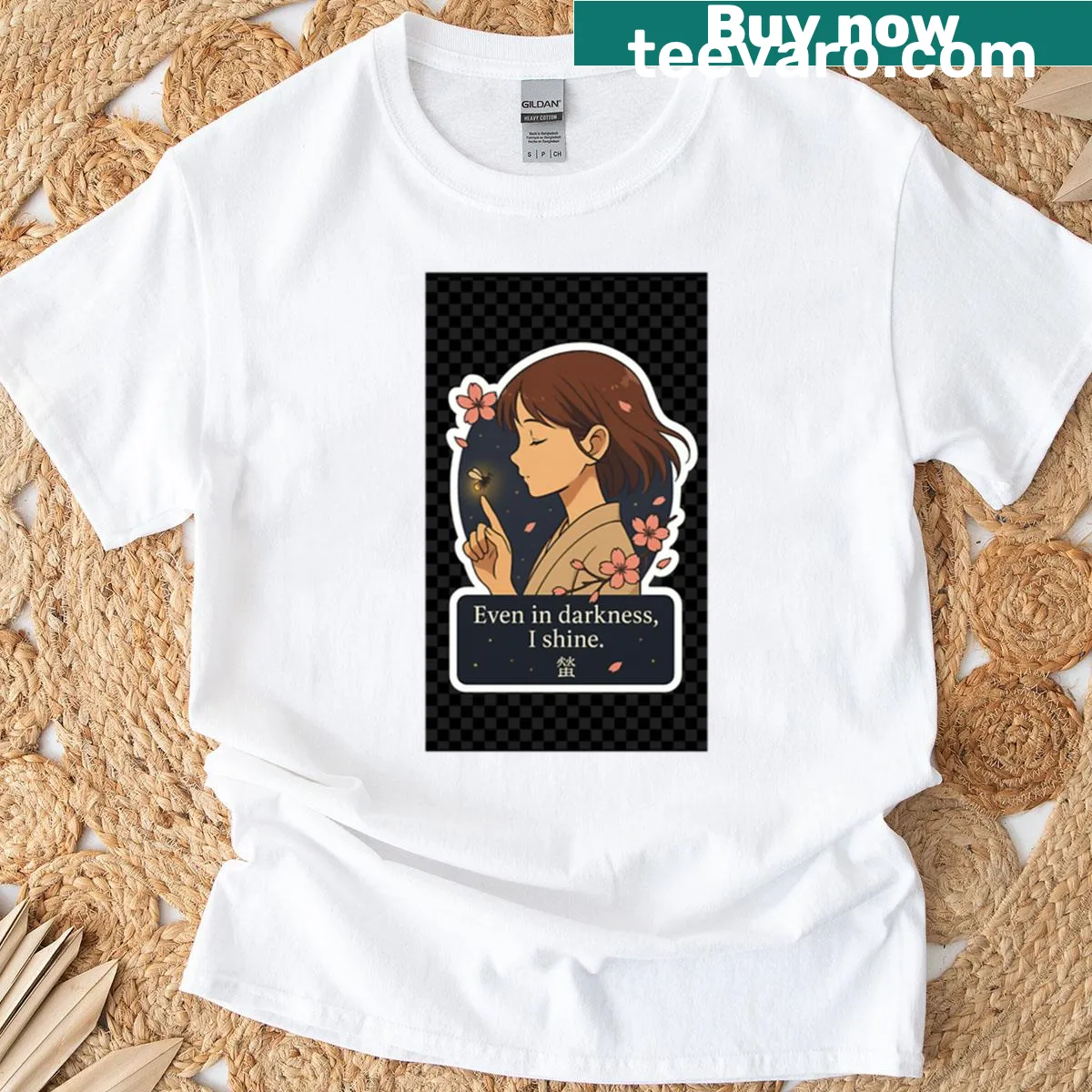 Anime-inspired t-shirt featuring a firefly illustration and whimsical elements — on a men's t-shirt