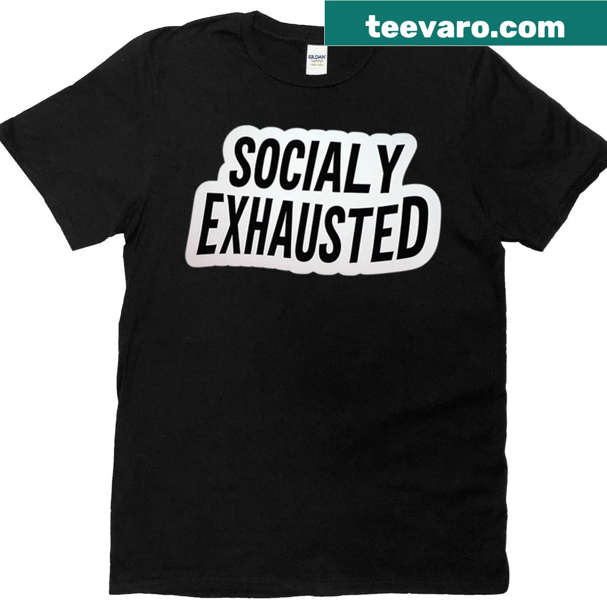 Minimal text T-shirt stating 'Socially Exhausted' — on a men's t-shirt