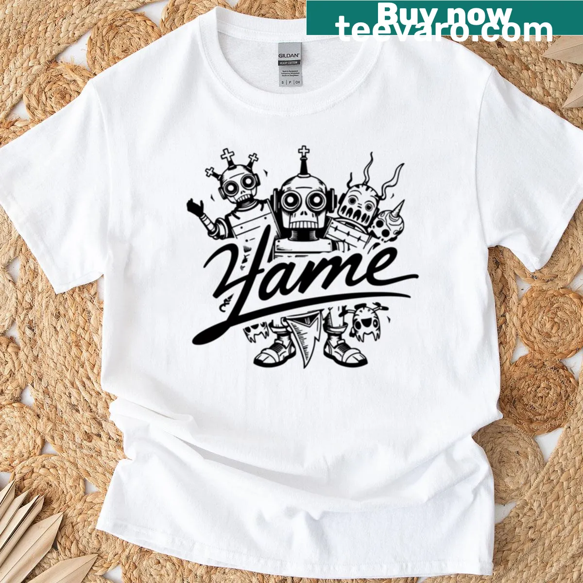 Illustrative T-shirt featuring a robot and small skeletal creatures — on a men's t-shirt