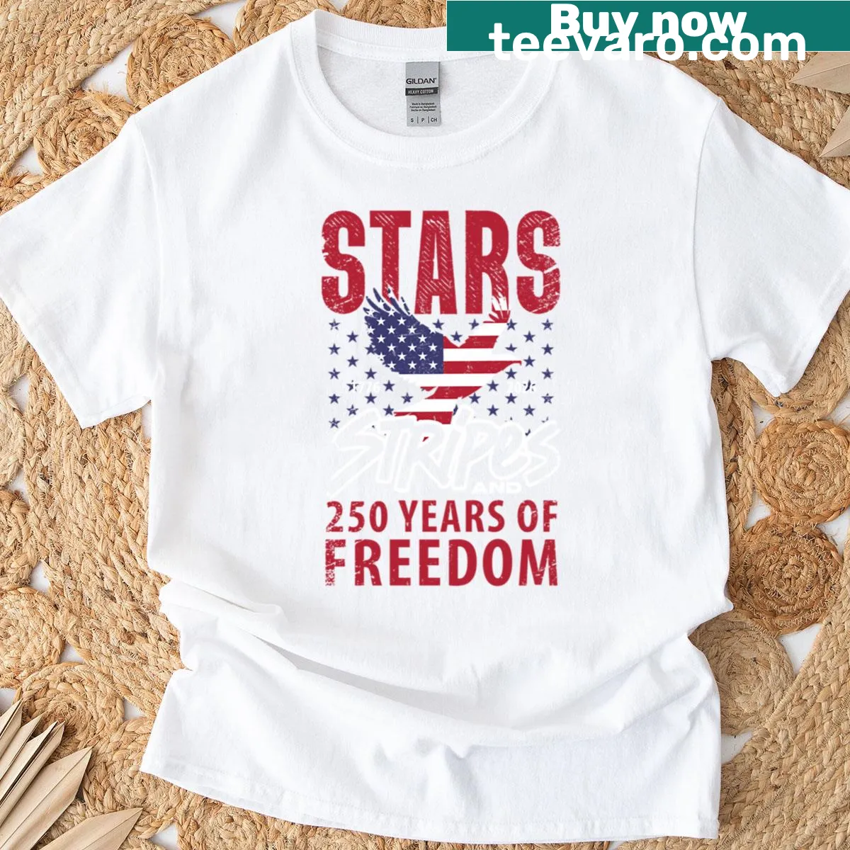 T-shirt featuring stars and stripes with the dates 1776-2026 — on a men's t-shirt