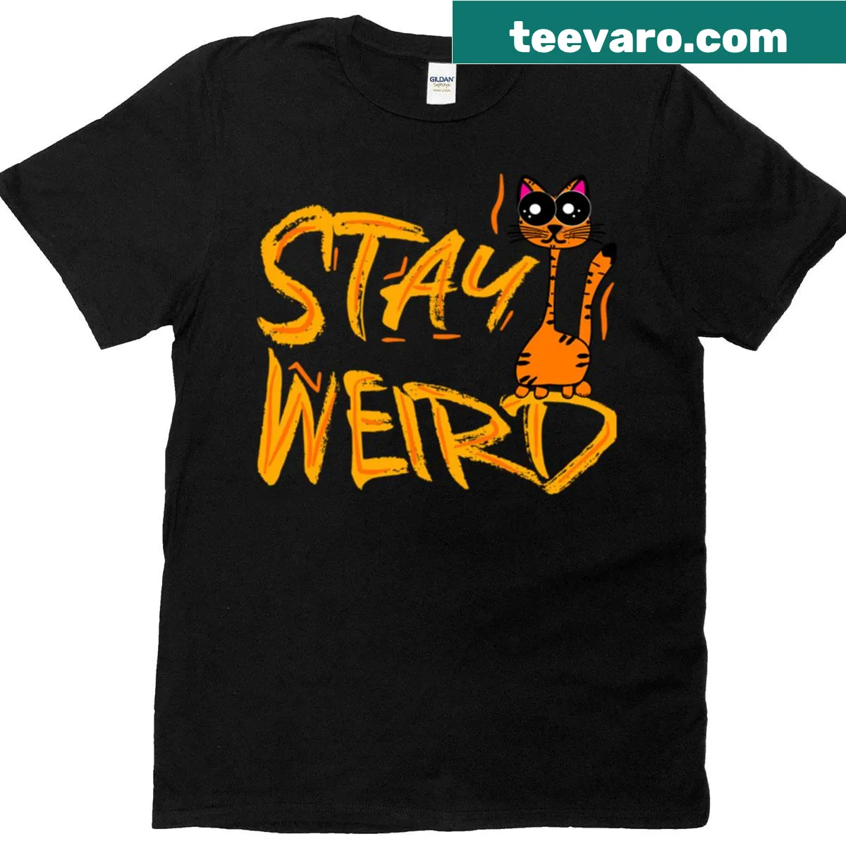 T-shirt with the phrase 'Stay Weird' featuring quirky cat vibes in bold typography. — on a men's t-shirt