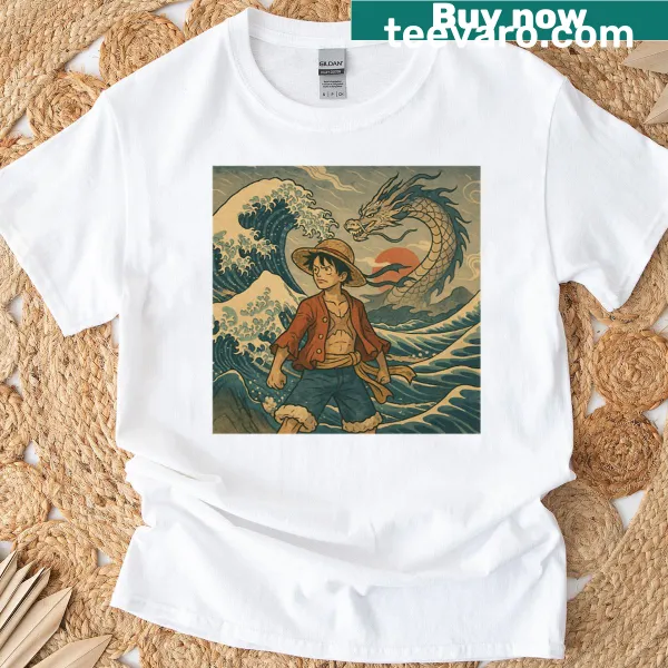 Ukiyo-e inspired shirt featuring a straw-hat seafarer riding a stormy sea