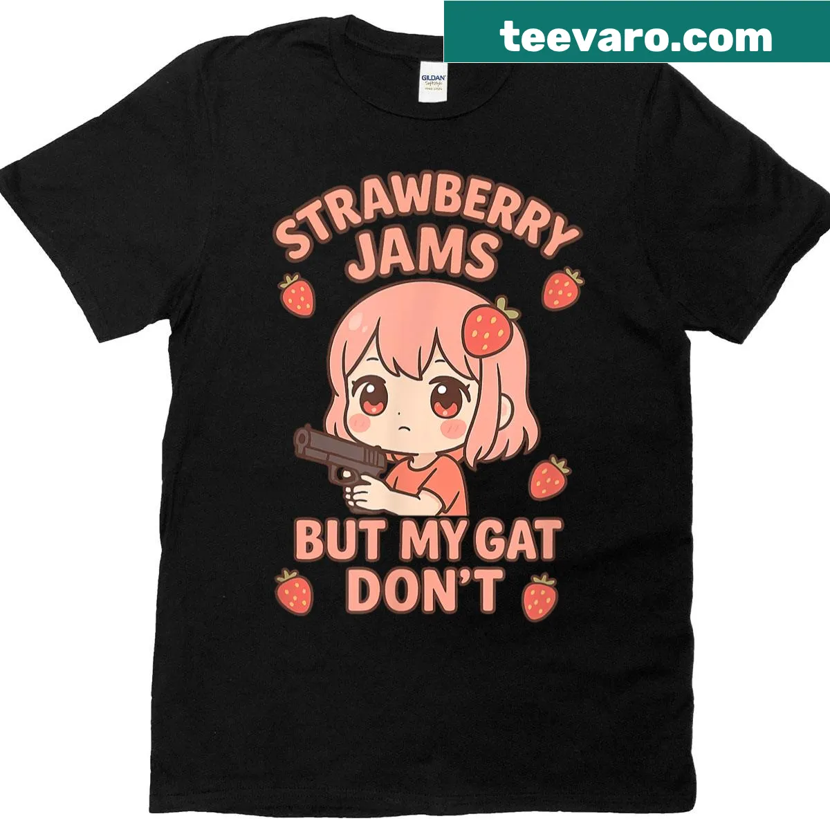 Kawaii chibi girl with strawberry jam graphic on a T-shirt — on a men's t-shirt