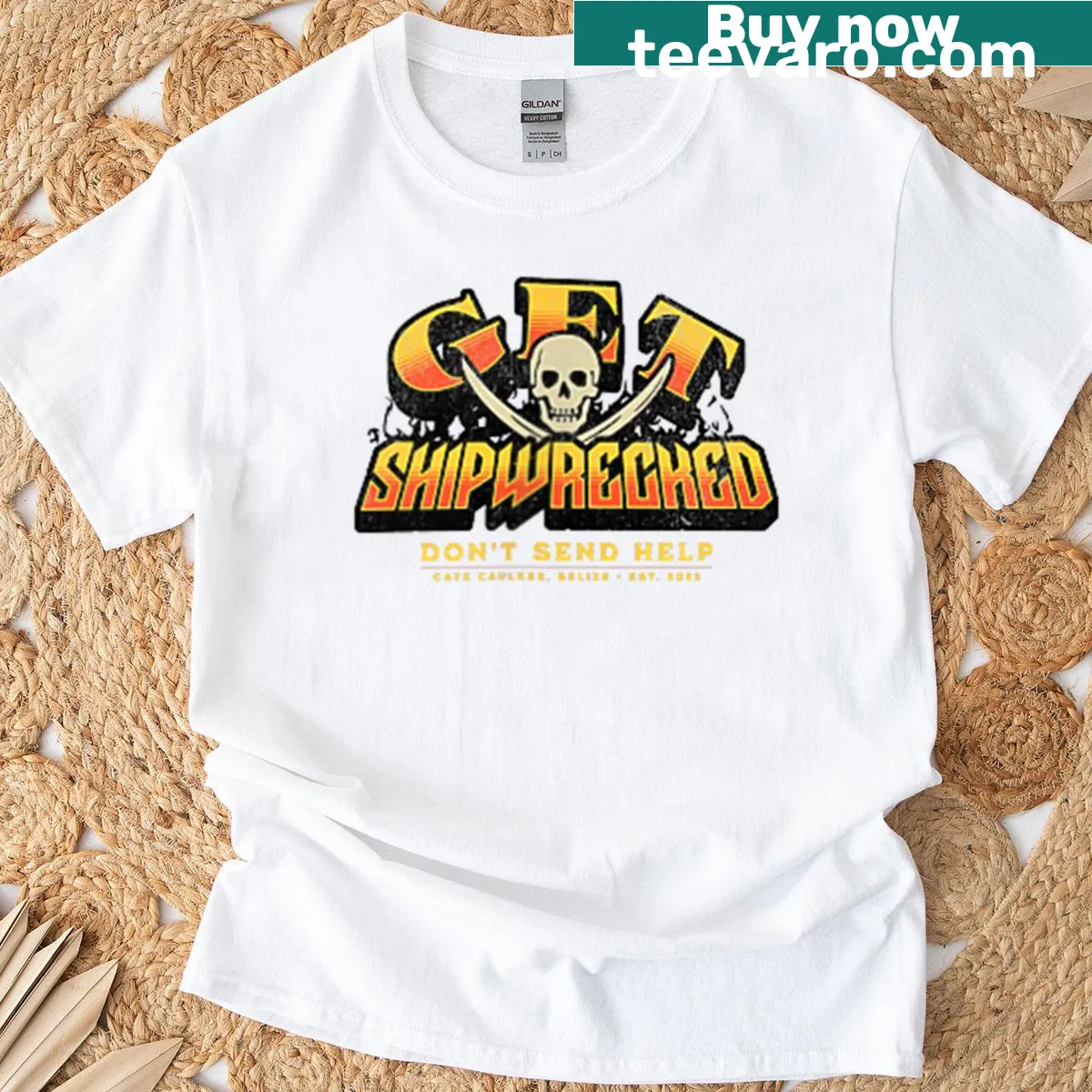 Skeleton surfer riding waves on a sugar skull surfboard — on a men's t-shirt