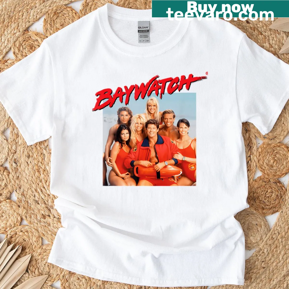 Classic summer beach movie cast illustrated on a t-shirt — on a men's t-shirt