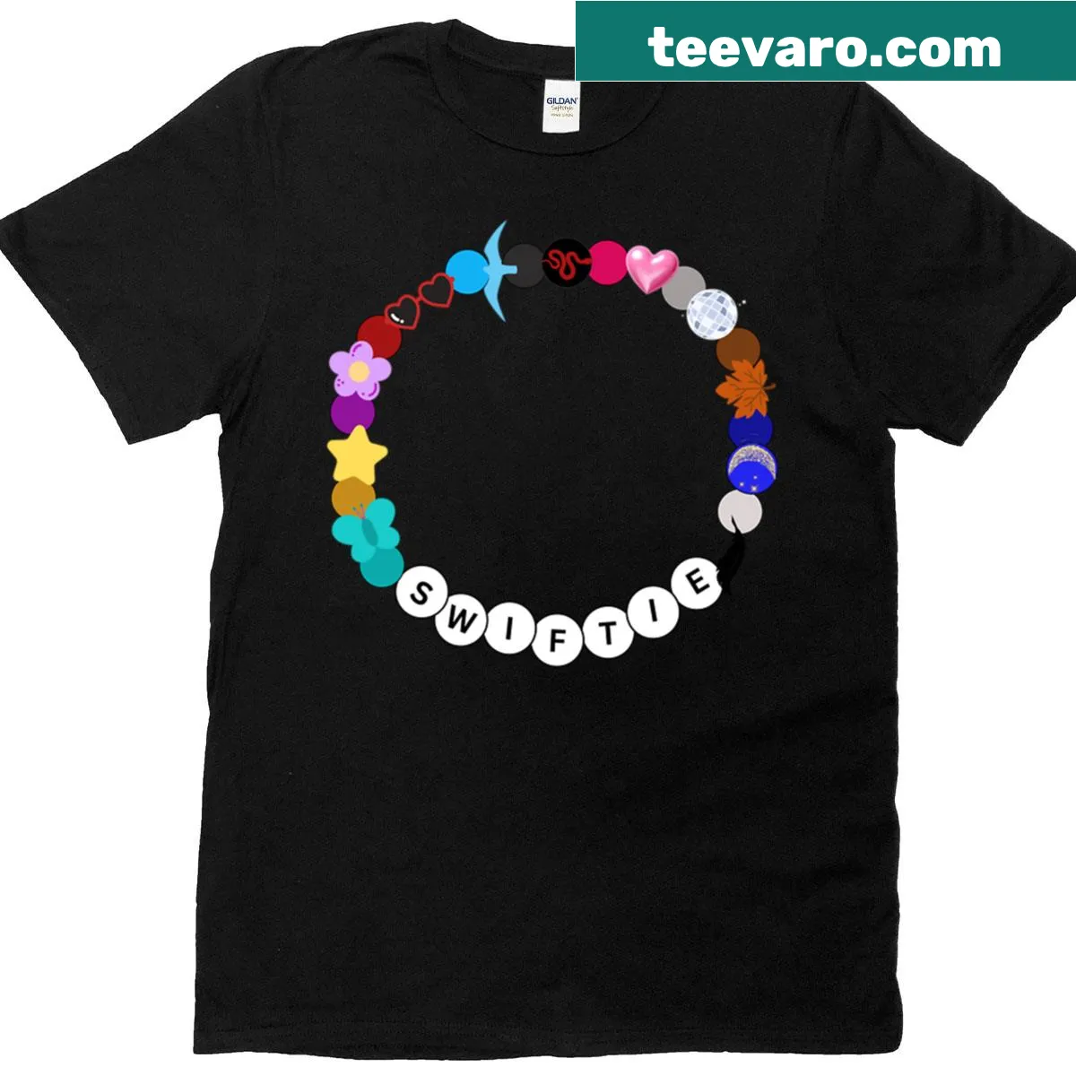 T-shirt featuring a stylish graphic of a Swiftie friendship bracelet — on a men's t-shirt