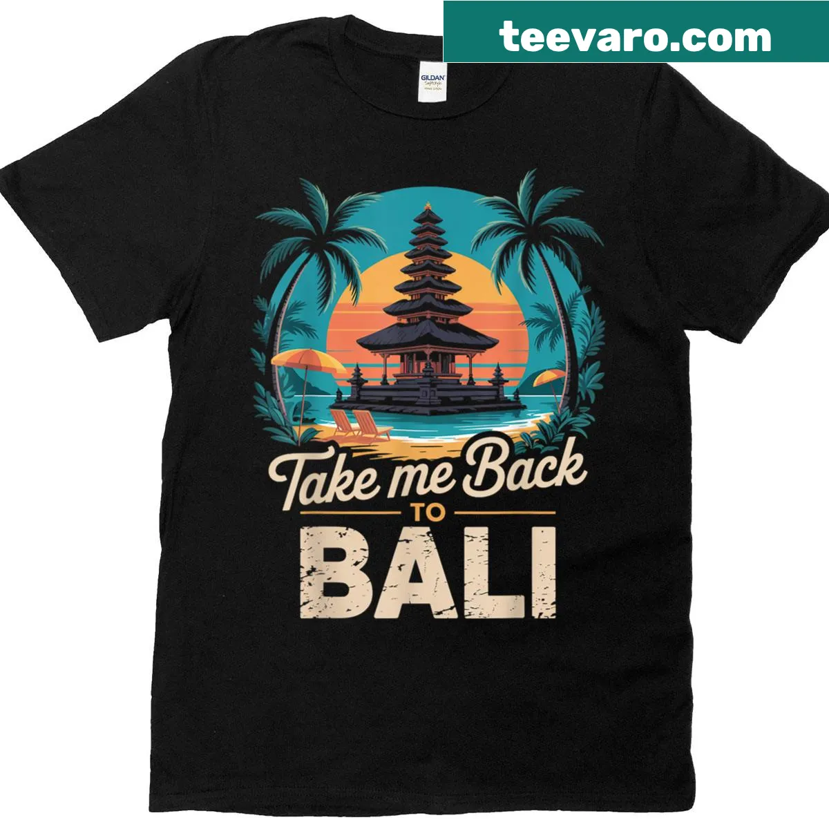 Illustration of Balinese temples on a travel-themed t-shirt — on a men's t-shirt