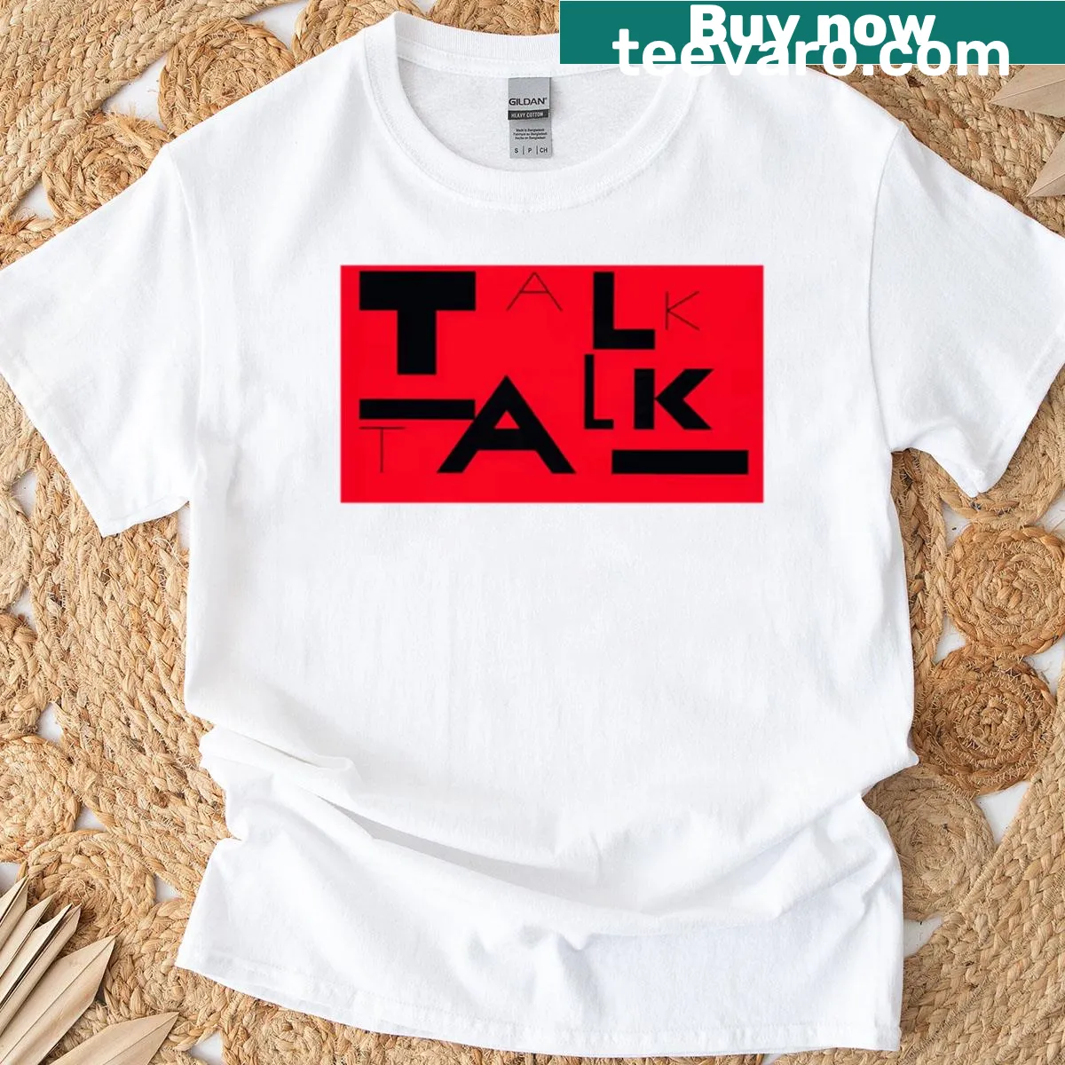 Text graphic on shirt saying 'Talk Talk' in a playful font — on a men's t-shirt