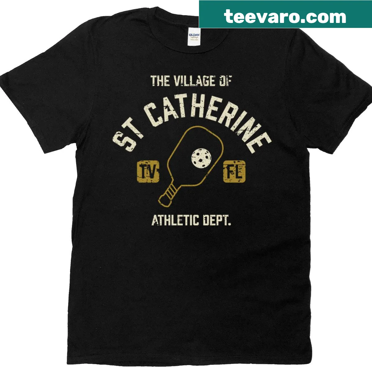 Distressed pickleball graphic on a T-shirt for St Catherine — on a men's t-shirt