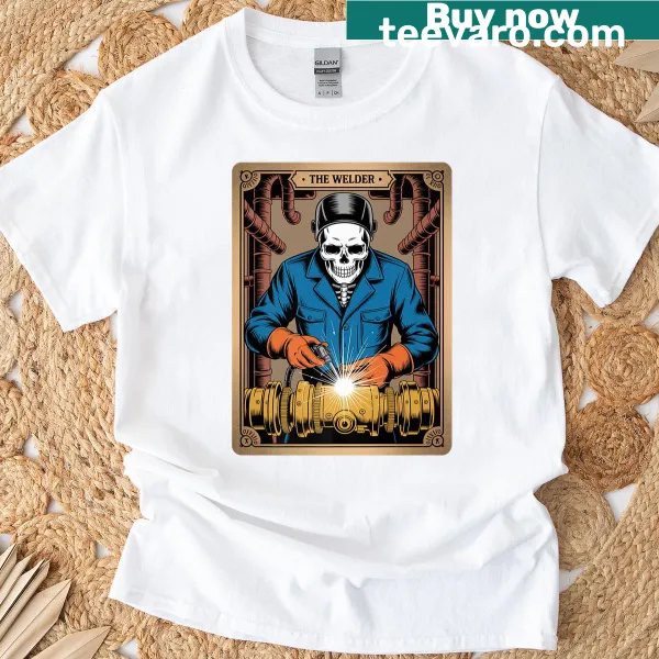 Skeleton welder graphic styled as a tarot card on a T-shirt