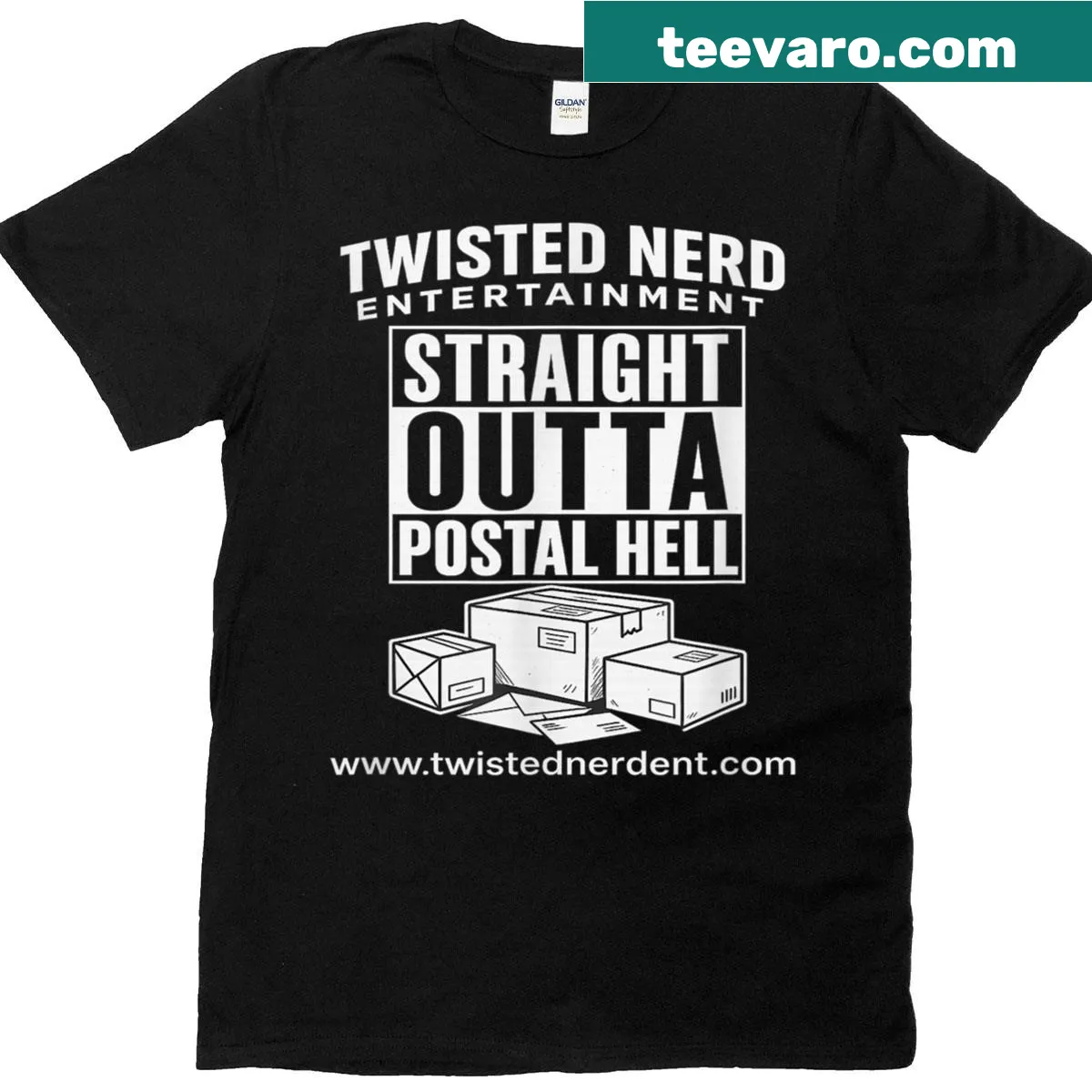T-shirt featuring playful text design of postal letters and packages — on a men's t-shirt