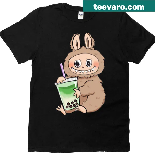 Labubu character with matcha boba graphic on t-shirt