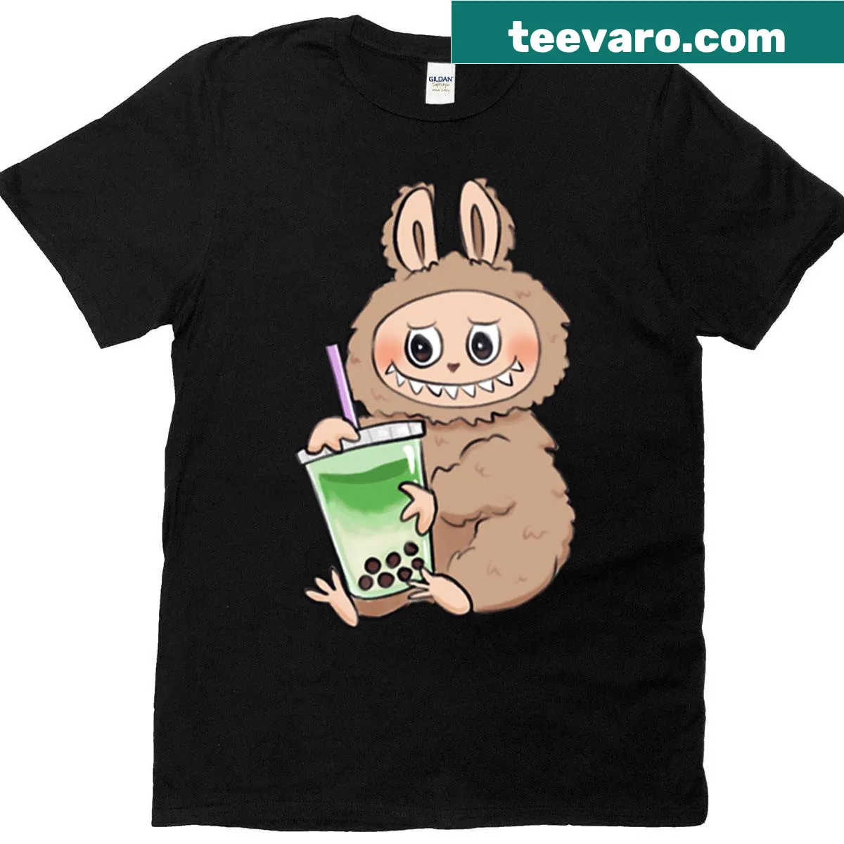 Labubu character with matcha boba graphic on t-shirt — on a men's t-shirt
