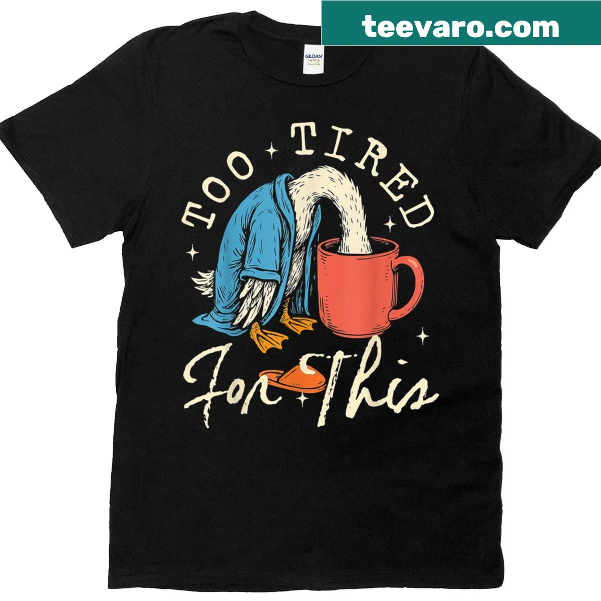 Funny retro design of a tired goose drinking coffee on t-shirt — on a men's t-shirt