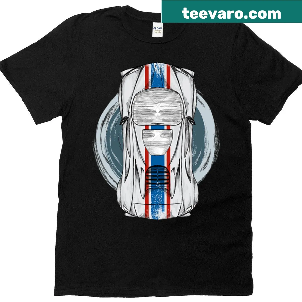 Illustration of a racing car in blue and red on t-shirt — on a men's t-shirt
