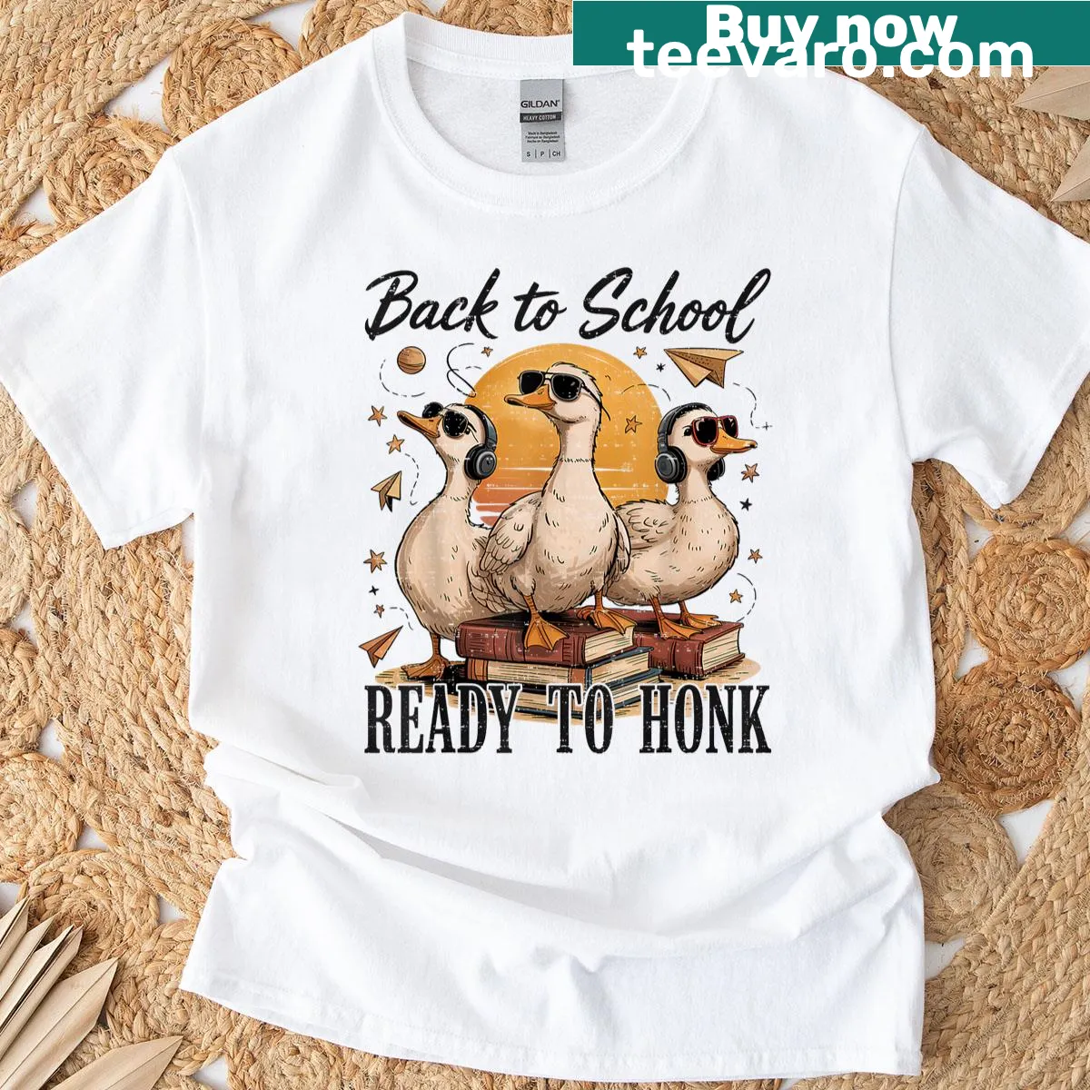 Playful back-to-school T-shirt with goose graphic — on a men's t-shirt