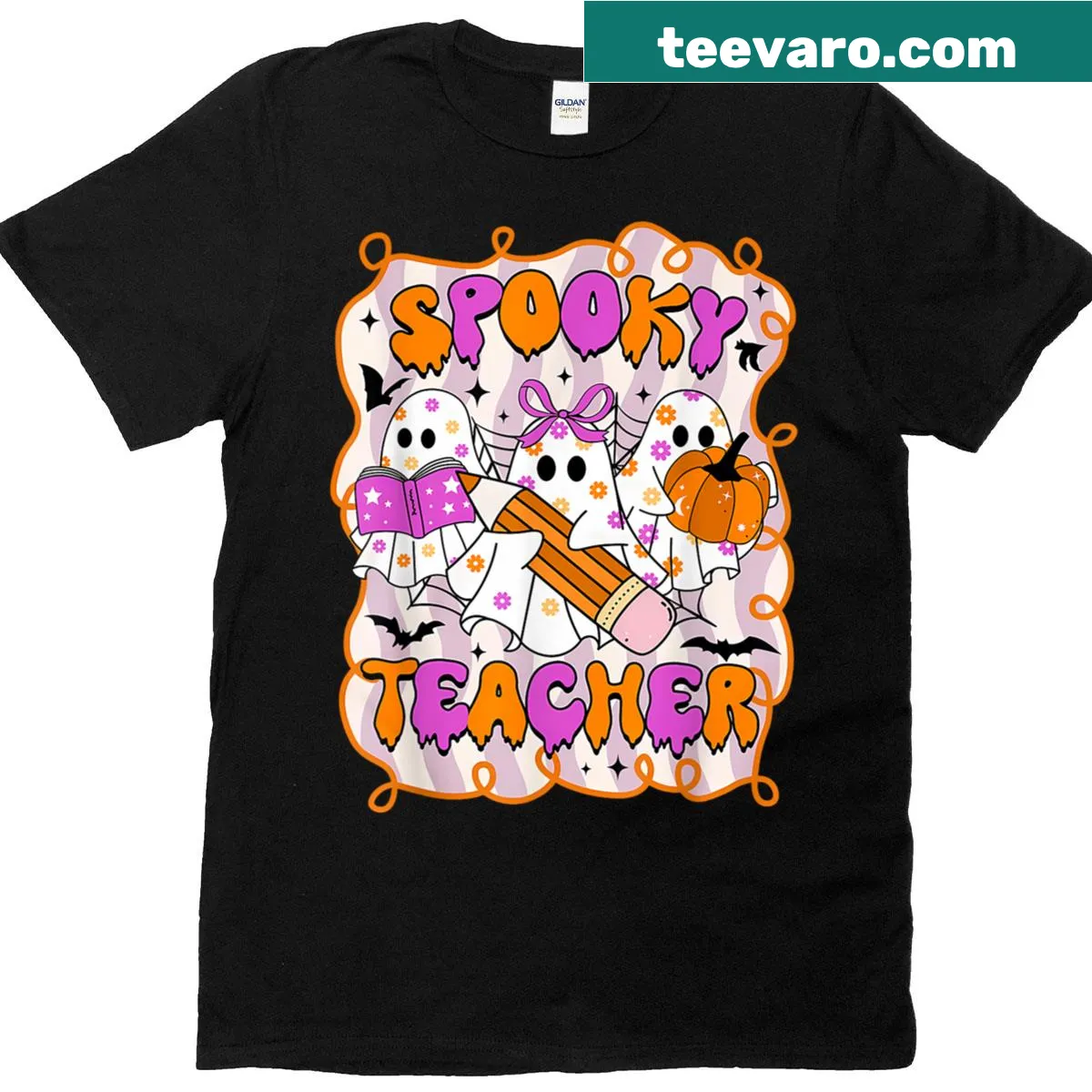 Cartoon ghost graphic with 'Trick Or Teach' text on T-shirt — on a men's t-shirt