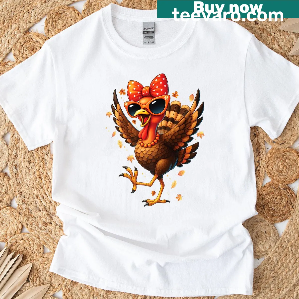 Cute Thanksgiving T-shirt with a dancing turkey and bow illustration — on a men's t-shirt
