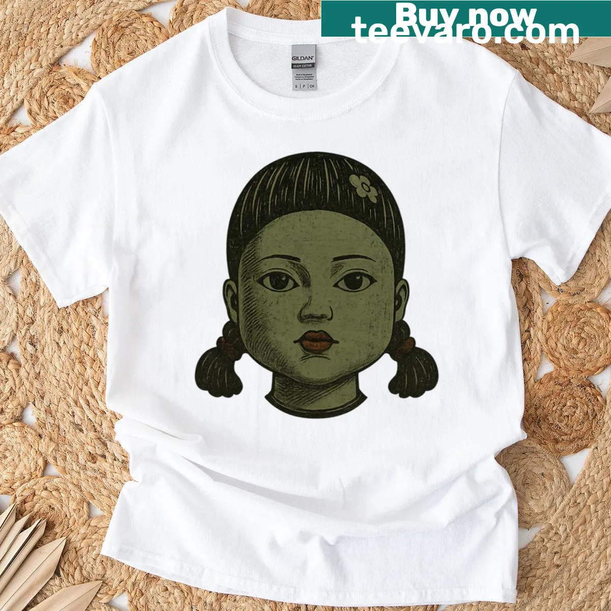 Eerie T-shirt featuring a twisted game doll design inspired by horror themes — on a men's t-shirt