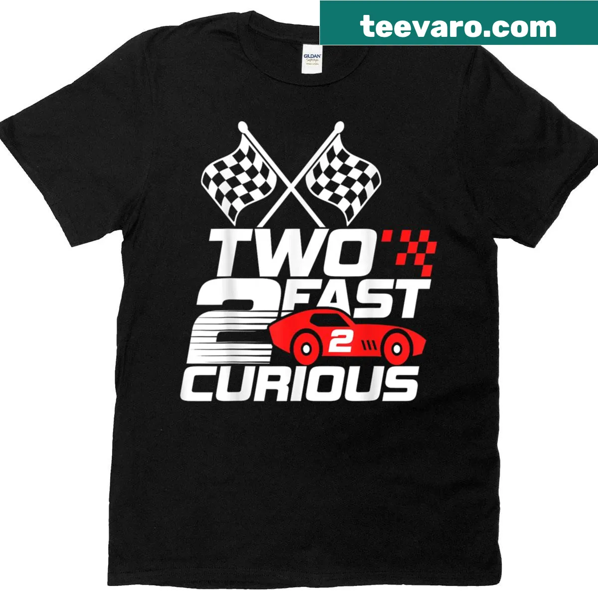 Toddler T-shirt with racing theme and text 'Two Fast 2 Curious' — on a men's t-shirt