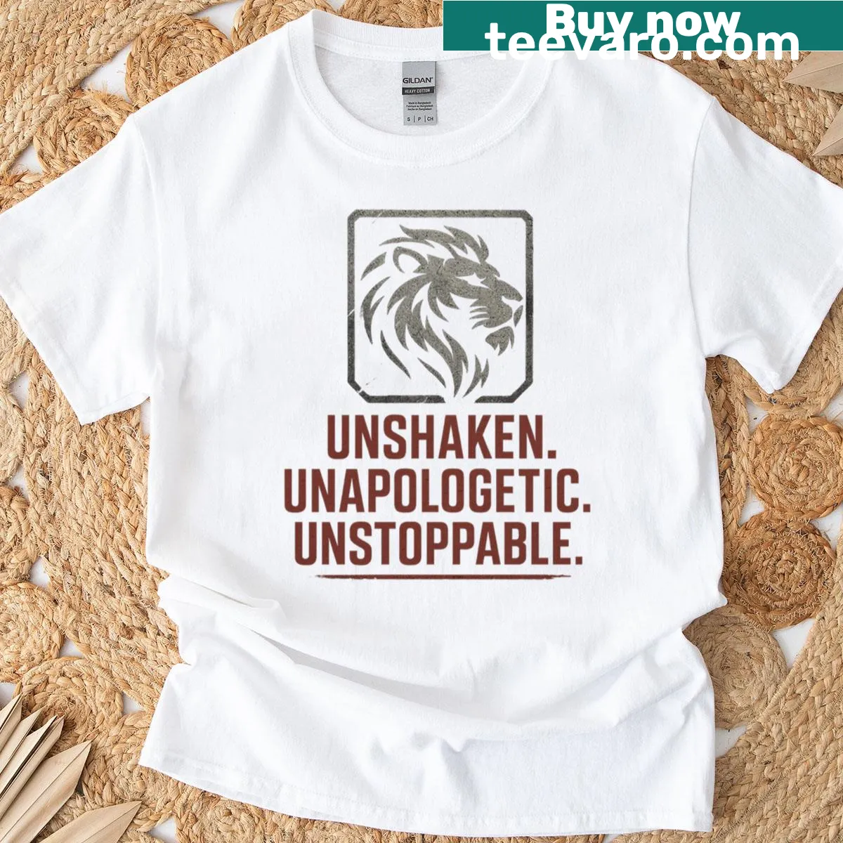 Bold typography t-shirt with the phrase Unshaken Unapologetic Unstoppable — on a men's t-shirt