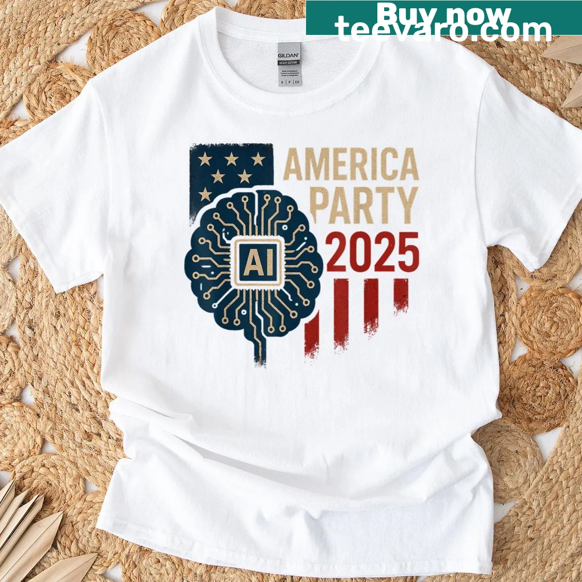 Retro robot design with US flag on patriotic T-shirt — on a men's t-shirt