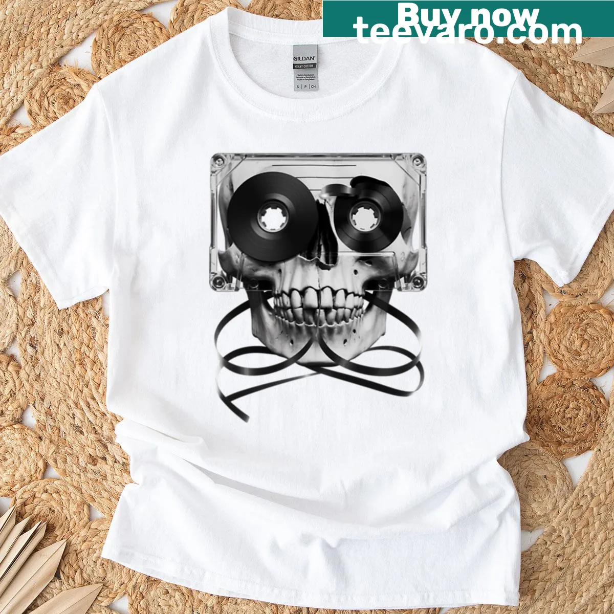 Retro cassette tape T-shirt with skull and crossbones design — on a men's t-shirt