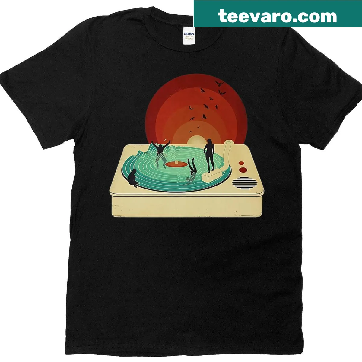 Retro vinyl music shirt with summer vacation theme — on a men's t-shirt