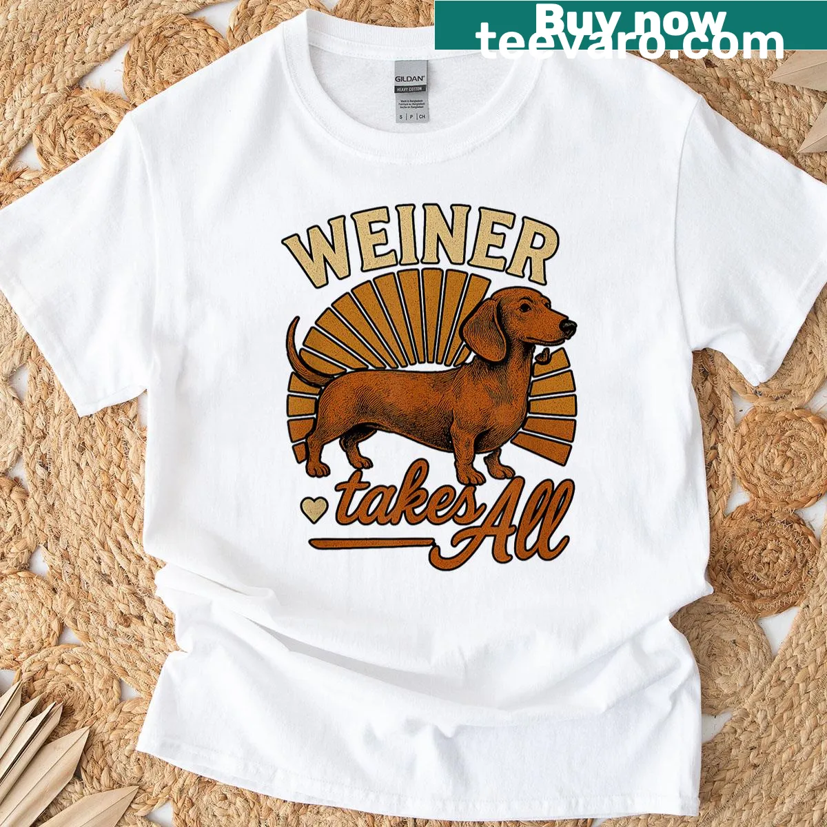 Fun dachshund design with sunburst graphic on t-shirt — on a men's t-shirt