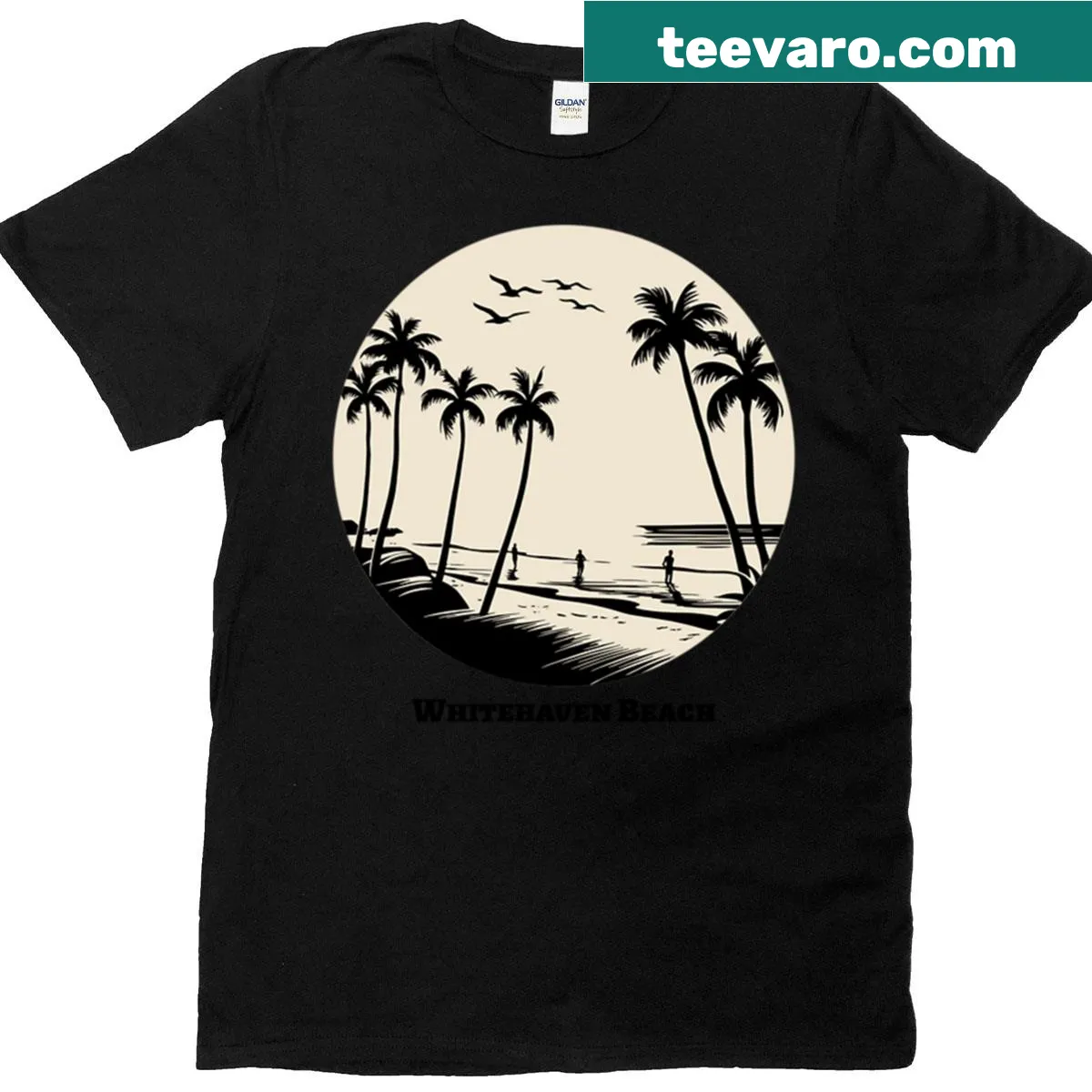 Serene Whitehaven Beach graphic T-shirt — on a men's t-shirt