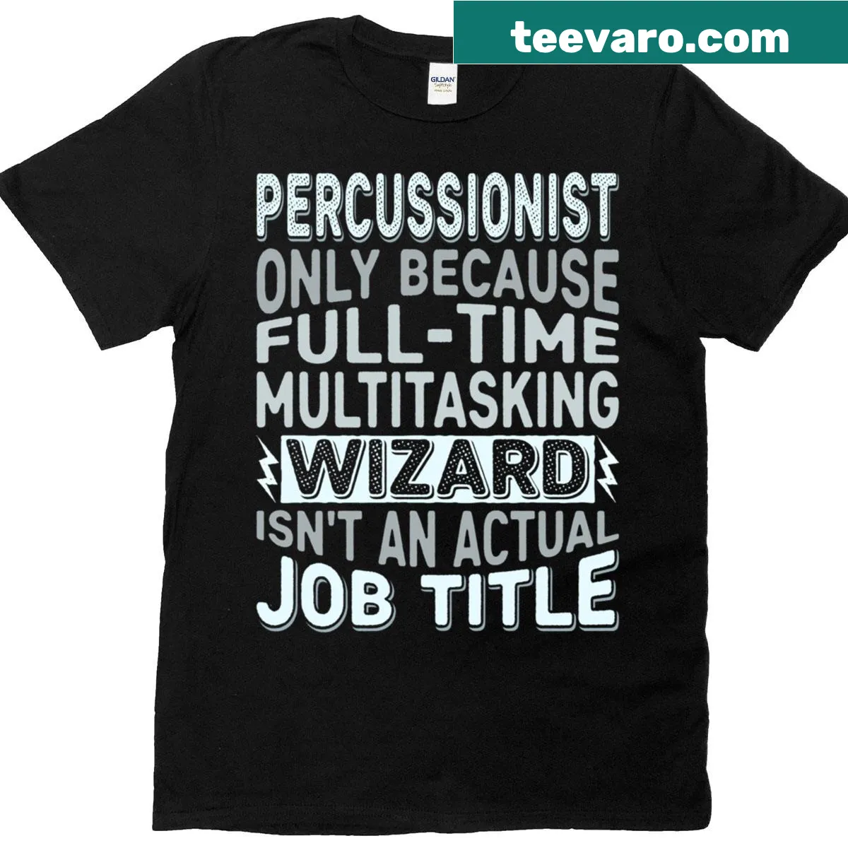 Funny T-shirt with a wizard job title quote for percussionists — on a men's t-shirt