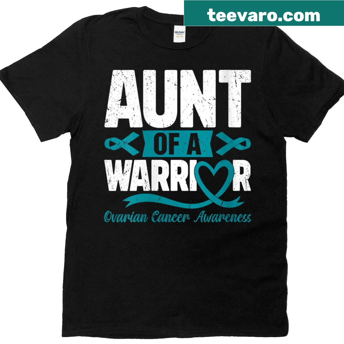 Teal ribbon graphic for ovarian cancer awareness on women's t-shirt — on a men's t-shirt