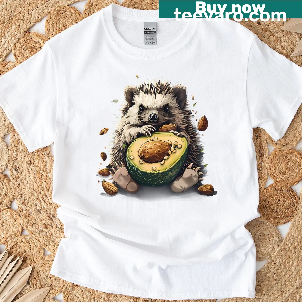 Cute hedgehog inside an avocado in an illustrated graphic. — on a men's t-shirt