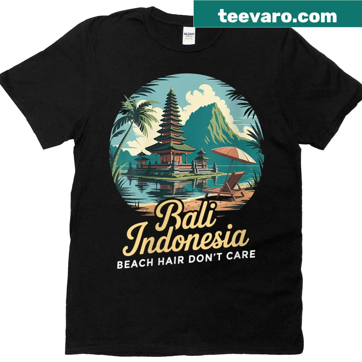 Illustration of Balinese temples and beach scene on women's t-shirt — on a men's t-shirt