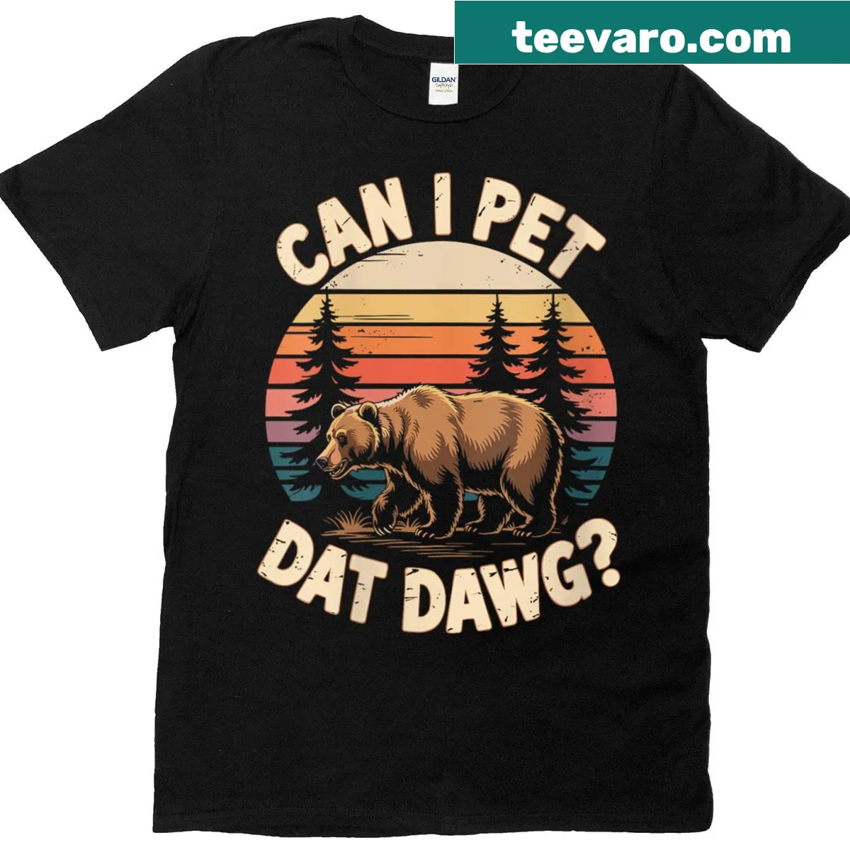 Funny retro T-shirt asking 'Can I pet dat dawg?' with bear design — on a men's t-shirt
