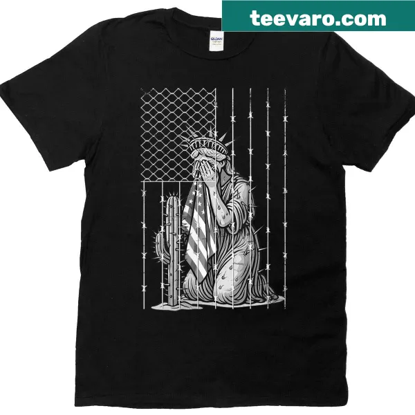 Illustration of the Statue of Liberty with barbed wire and US flag