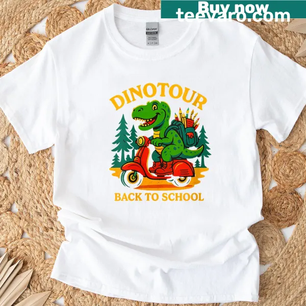 Funny T-shirt with a dinosaur riding a scooter for kids