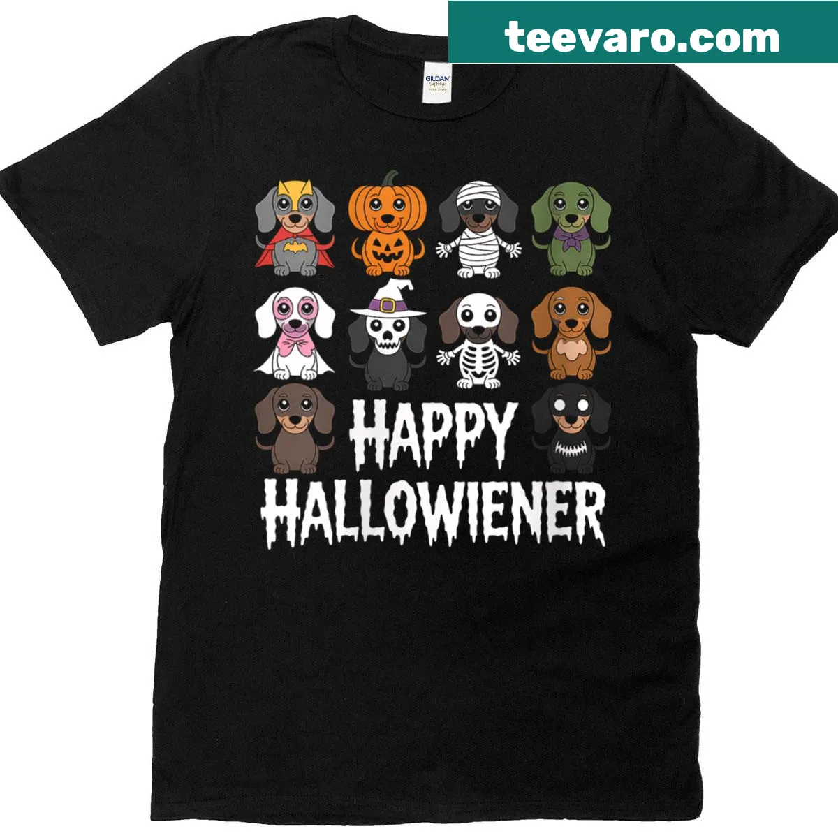 Halloween-themed t-shirt featuring a dachshund in a costume — on a men's t-shirt