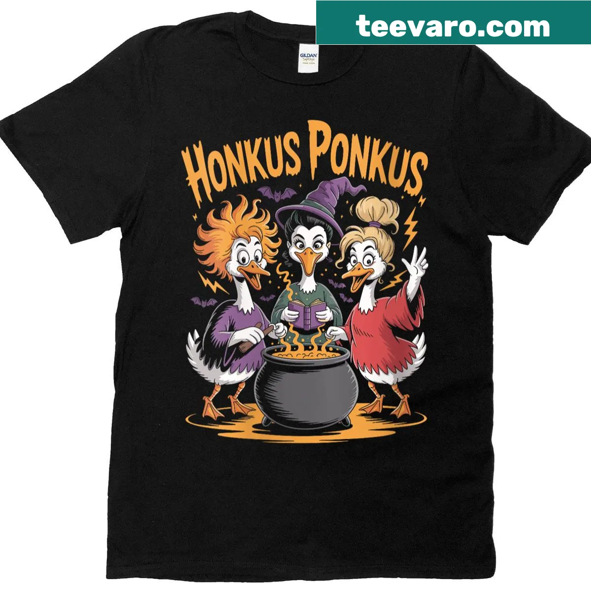 Funny Halloween meme tee with goose and witch sisters design — on a men's t-shirt