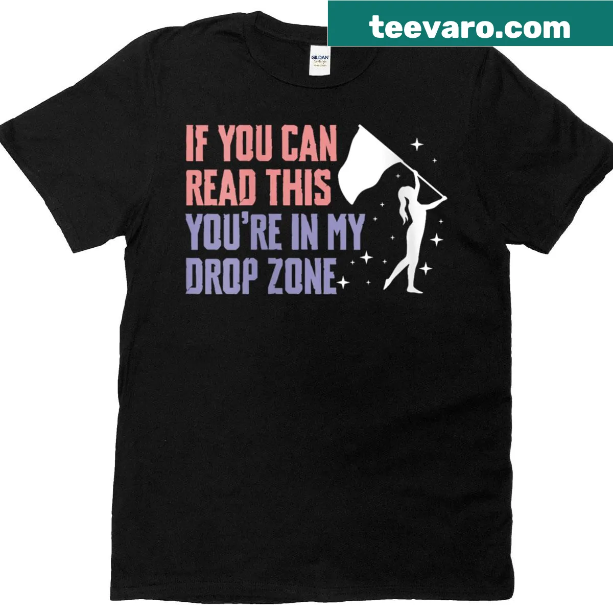Playful color guard t-shirt with a humorous drop zone saying — on a men's t-shirt